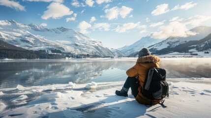 A delighted traveler enjoys a moment of peace by a frozen lake, their content expression mirroring the beauty of the snowy peaks and icy waters, offering generous copy space for customized messaging