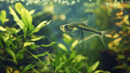A Single Glass Fish in a Lush Aquatic Environment