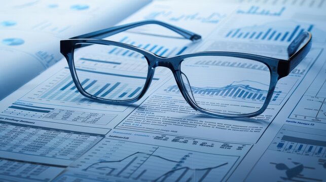 A pair of sleek, modern glasses lying on top of an open business report, filled with charts and graphs, futuristic, digital illustration, soft blue tones, high detail