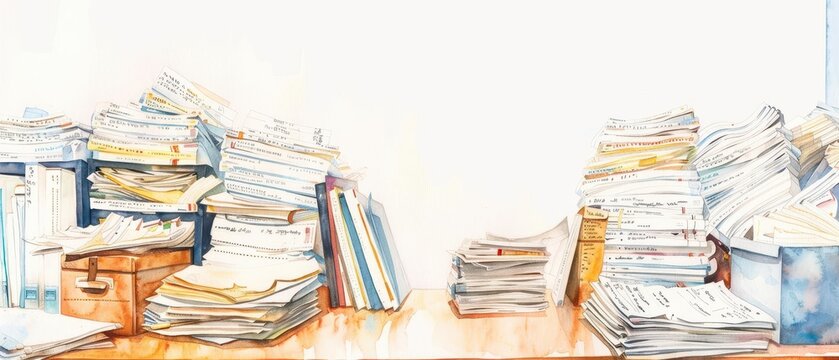 A watercolor painting of an office desk covered with important paperwork, set on a white background
