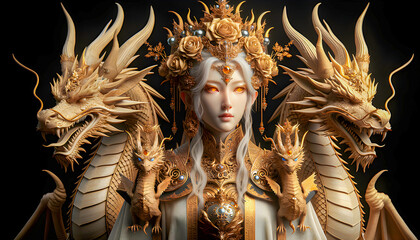 A majestic dragon queen commands respect with her fiery gaze and powerful presence, adorned in regal armor, she exudes strength, wisdom, and an air of mythical authority over her realm.