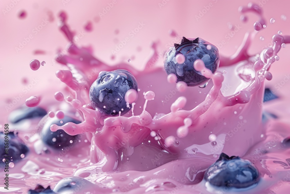 Wall mural fresh blueberries creating a splash as they fall into creamy pink yogurt