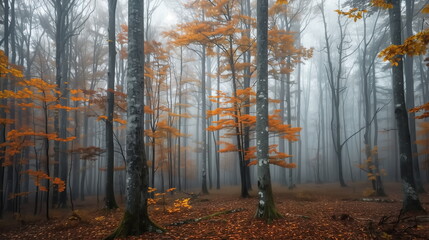Obraz premium autumn in the forest with mist