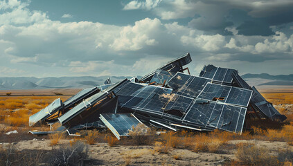 Abandoned and broken solar panels lay in a desolate field beneath a cloudy sky, representing decay and the passage of time.