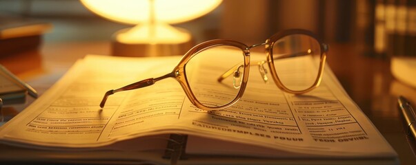 Sleek glasses resting on top of an executive summary report, illuminated by a soft desk lamp, elegant, warm hues, high resolution, crisp focus