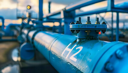 Close-up of a blue hydrogen pipeline marked 'H2' showcasing energy infrastructure and hydrogen fuel technology in an industrial setting.