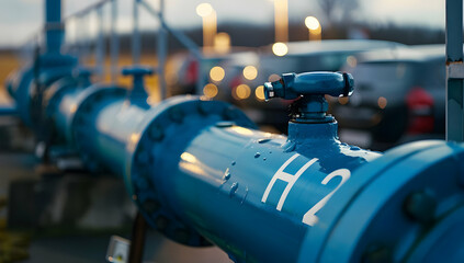 Close-up of a blue hydrogen gas pipeline infrastructure with H2 label, showcasing sustainable clean energy in an industrial setting.