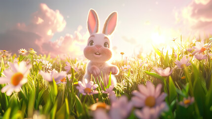 A cute rabbit on a grassland with beautiful flowers at sunset, 3D cartoon illustration