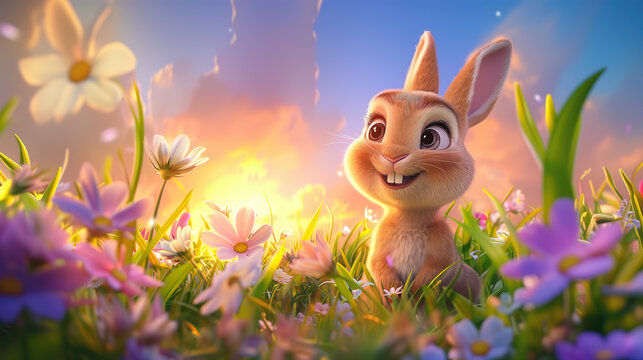 A Cute Rabbit On A Grassland With Beautiful Flowers At Sunset, 3D Cartoon Illustration