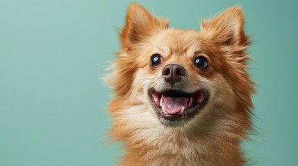 Obraz premium In a professional studio, a cute dog with a fluffy coat gives a big, funny smile. Its mouth is open, and its eyes are full of happiness. The studio lighting highlights the dog's features, making its