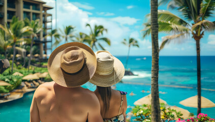 Couple relaxing by the tropical beach, enjoying ocean view and vacation time together with palm trees and a resort ambiance.