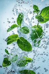 Fresh Green Mint Leaves Splashing in Water – Refreshing and Vibrant Close-Up