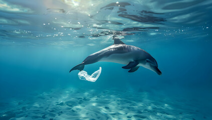 Obraz premium Dolphin swimming underwater near plastic waste in the ocean, highlighting environmental pollution and marine life conservation.