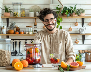 a happy man in his modern kitchen, wearing glasses and a beige shirt, preparing a smoothie with fruits on the table