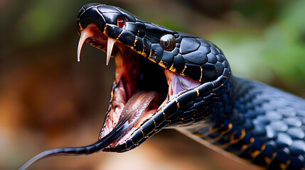 Fierce and Deadly Black Mamba Snake Opens Its Mouth Aggressively Revealing Its Venomous Fangs and Forked Tongues in a Lush Jungle or Forest Environment