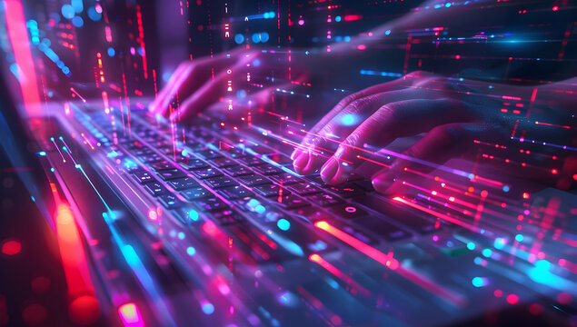 Hands typing on a keyboard with digital data streams, representing coding, cybersecurity, and technology concepts in a vibrant visual style.