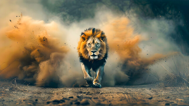 Mighty Lion Charging Through Dusty Storm on the Savanna   Powerful predator in motion roaring and running across the grassland with billowing clouds of dust in the background