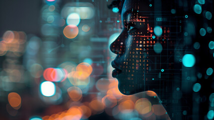 Cybersecurity Analysis by African American IT Specialist in Futuristic Environment, Highlighting AI Threats and Data Integrity in Digital Cityscape