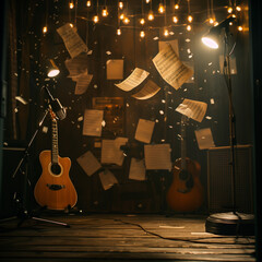 Naklejka premium Capture the Rhythm: Inside the Music Studio with Guitars, Sheet Music, and a Microphone in Mid-Air