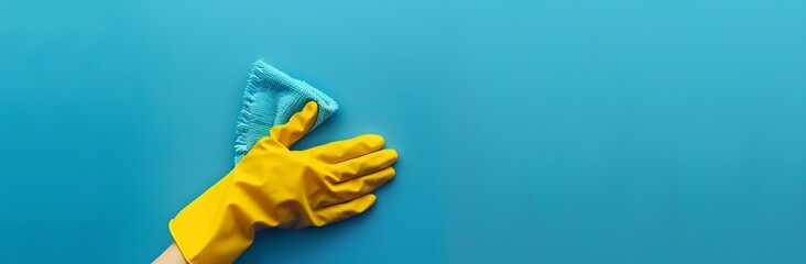 Yellow Cleaning Glove Holding Blue Cloth on Blue Background
