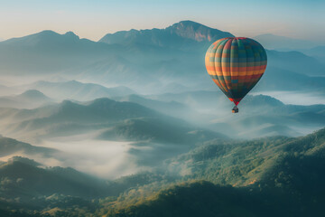 Fototapeta premium High angle shot, balloon floating Among the mountains, photorealistic style illustrations