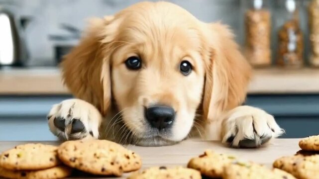 A cute golden retriever dog puppy trying steal sneak cookies from counter table.