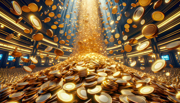 Gold coins cascade from the sky, creating a dazzling fortune that feels like hitting the jackpot, with shimmering wealth and endless opportunities raining down in a spectacular display.

