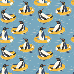 Obraz premium Pattern illustration of penguins enjoying water play using floats.