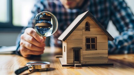 Man Examining a Model House with a Magnifying Glass