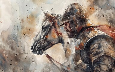 Stunning watercolor artwork depicting a medieval knight in armor with his horse, showcasing intricate details and vibrant colors.