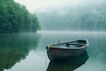 Obraz premium Wooden rowboat rests on a misty lake surrounded by a green forest in the early morning
