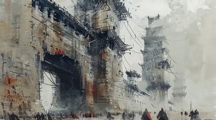  Charcoal and pastel painting of the Himeji Castle, Japanese style, dramatic lighting, dark tones, serene ambiance