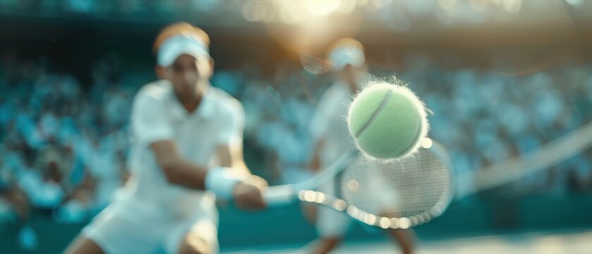 Dynamic shot of two tennis players in action, focusing on the ball at the center with blurred background in an outdoor match.