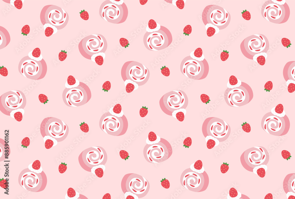 Wall mural seamless pattern with strawberry swiss roll cakes for banners, cards, flyers, social media wallpapers, etc.