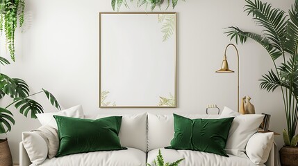 Modern Living Room with Green Accents and a Blank Canvas