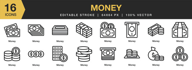 Set of 16 Money icon set. Editable Stroke Icon Collection. Includes coins, money, cash, wallet, layers money, dollar, and More. Outline icons vector collection.