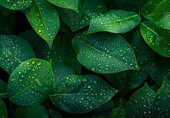 Fototapeta premium Lush Green Leaves with Dew Drops