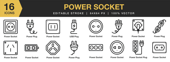 Set of 16 Power Socket icon set. Editable Stroke Icon Collection. Includes power plug, power socket, usb plug and More. Outline icons vector collection.