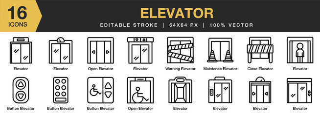 Set of 16 Elevator icon set. Editable Stroke Icon Collection. Includes elevator, button elevator, maintenance elevator, warning elevator, and More. Outline icons vector collection. © spacepixel