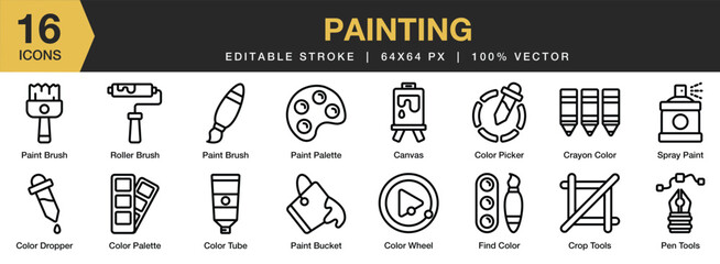 Set of 16 Painting icon set. Editable Stroke Icon Collection. Includes canvas, colour palette, crayon, paint bucket, paint brush, and More. Outline icons vector collection.