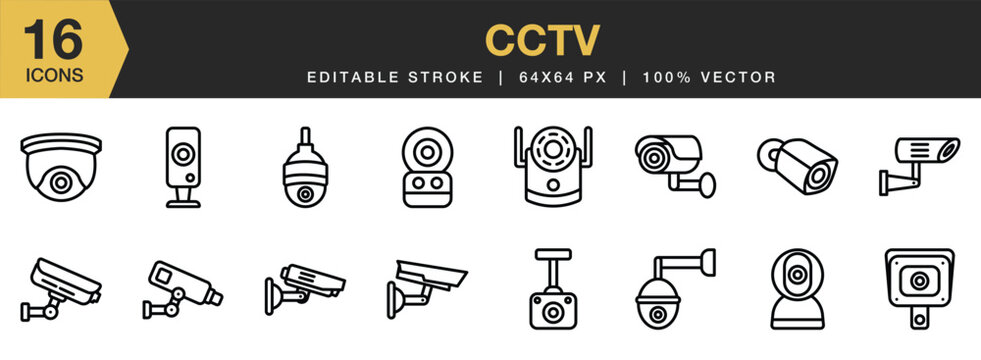 Set of 16 CCTV icon set. Editable Stroke Icon Collection. Includes security camera, dashboard camera, spy camera, webcam, wireless cctv, and More. Outline icons vector collection.