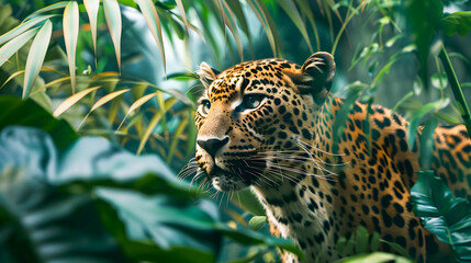 Powerful and majestic leopard prowling stealthily through the dense lush foliage of a tropical jungle habitat