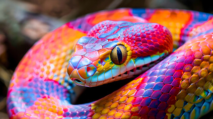 Fototapeta premium Stunning close up of a mesmerizing multicolored snake with vibrant iridescent scales and intricate patterns in a tropical lush environment This exotic