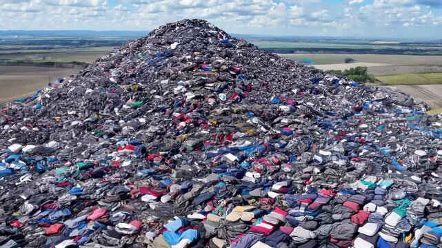 Massive pile of discarded clothing dominates landscape. Aerial view reveals multicolored layers of textile waste, symbolizing overconsumption and environmental crisis in fashion industry.	