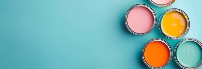 Colorful Paint Cans on Blue Background