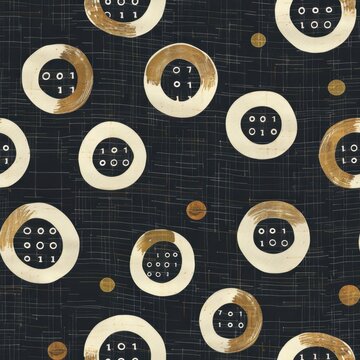 Seamless pattern with binary code in circles on a dark background. Modern abstract design in black, white, and gold.