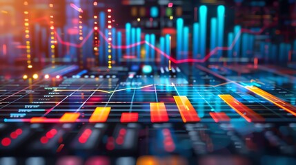 Fototapeta premium Dynamic digital data visualization with colorful graphs and charts illustrating financial market analysis and trading concepts.