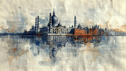 Fototapeta premium Ink sketch of the Taj Mahal, sepia tones, romantic atmosphere, reflective water, intricate patterns, historical style