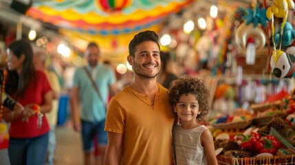 Obraz premium Family walking through a lively market during a cultural festival, browsing unique crafts and local delicacies, surrounded by colorful stalls and festive decorations, with copy space for text