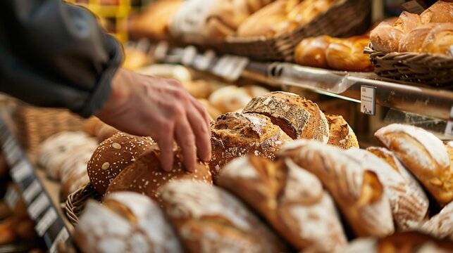 Detailed view of a shopper inspecting fresh bread in the bakery section, highlighting the texture and freshness of the merchandise